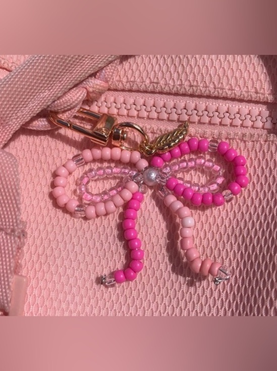 Handmade Accessories - Pink Beaded Bow Keychain & Card Holder Charm